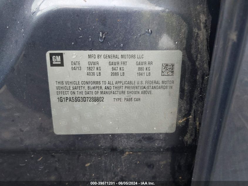 2013 Chevrolet Cruze Ls Auto VIN: 1G1PA5SG3D7288802 Lot: 39571201
