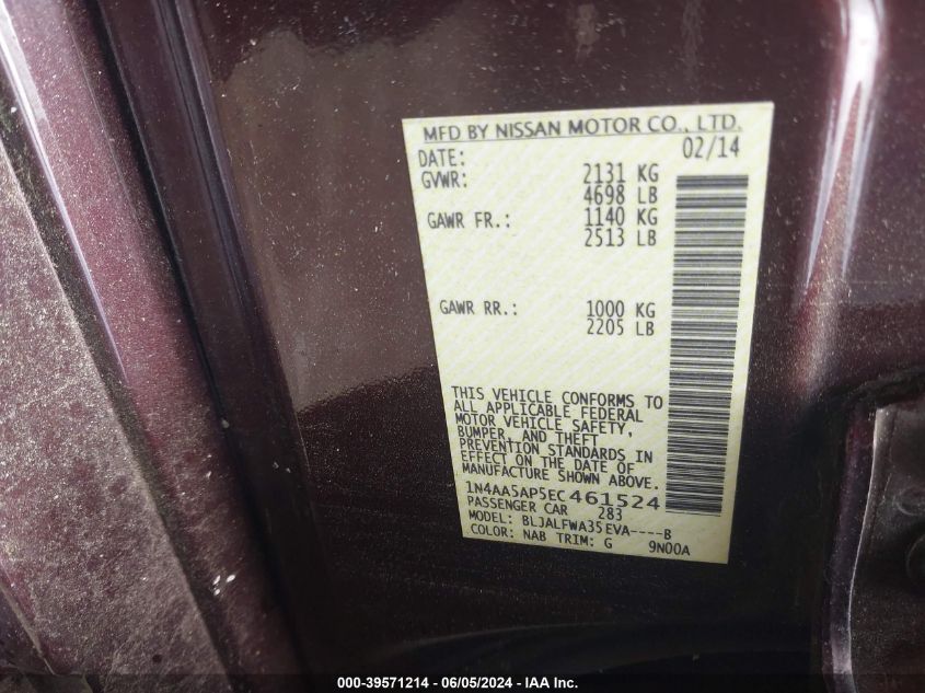 2014 Nissan Maxima 3.5 Sv VIN: 1N4AA5AP5EC461524 Lot: 39571214