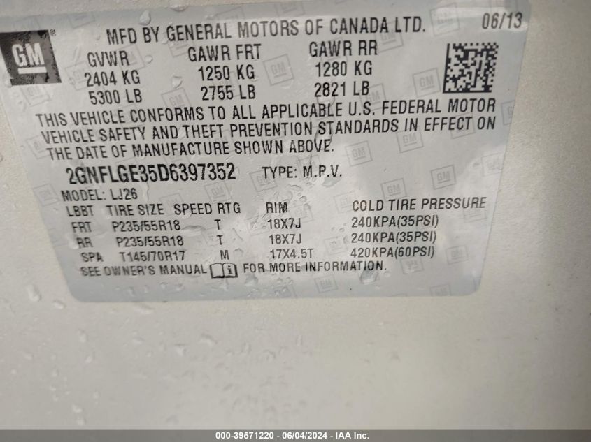 2GNFLGE35D6397352 2013 Chevrolet Equinox Ltz