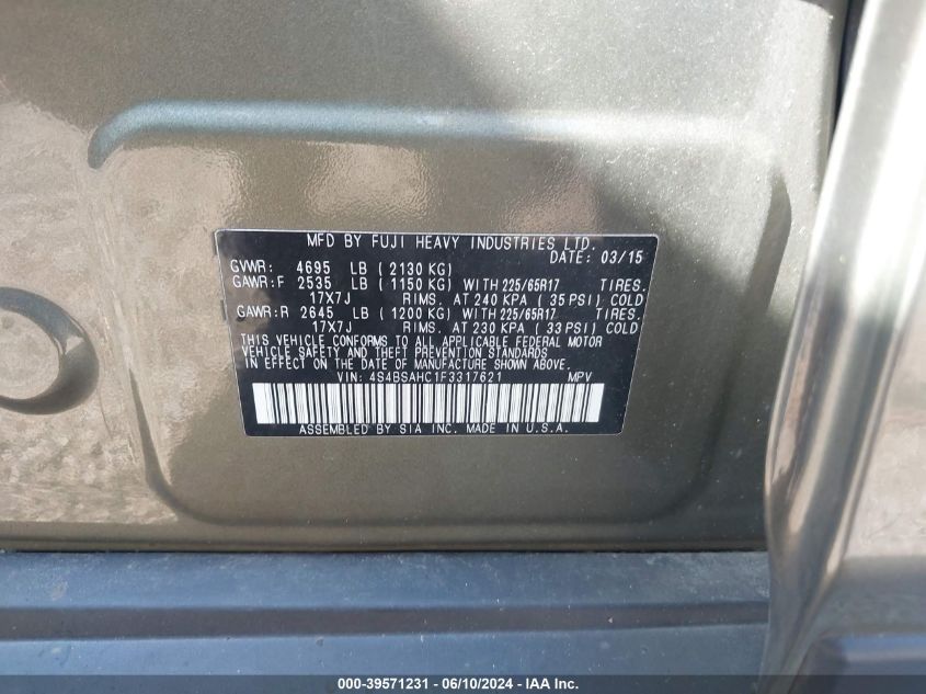 2015 Subaru Outback 2.5I Premium VIN: 4S4BSAHC1F3317621 Lot: 39571231