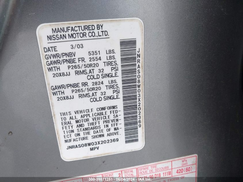 2003 Infiniti Fx35 VIN: JNRAS08W03X202369 Lot: 39571251