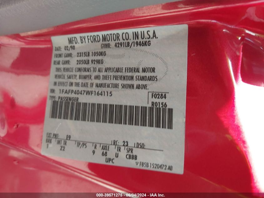 1998 Ford Mustang VIN: 1FAFP4047WF164115 Lot: 39571275