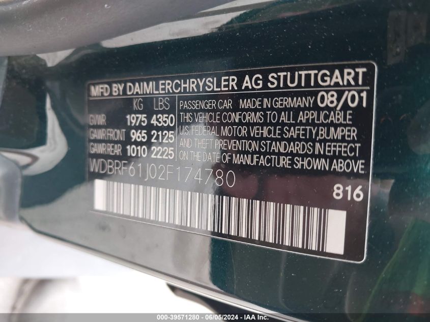 2002 Mercedes-Benz C 240 VIN: WDBRF61J02F174780 Lot: 39571280