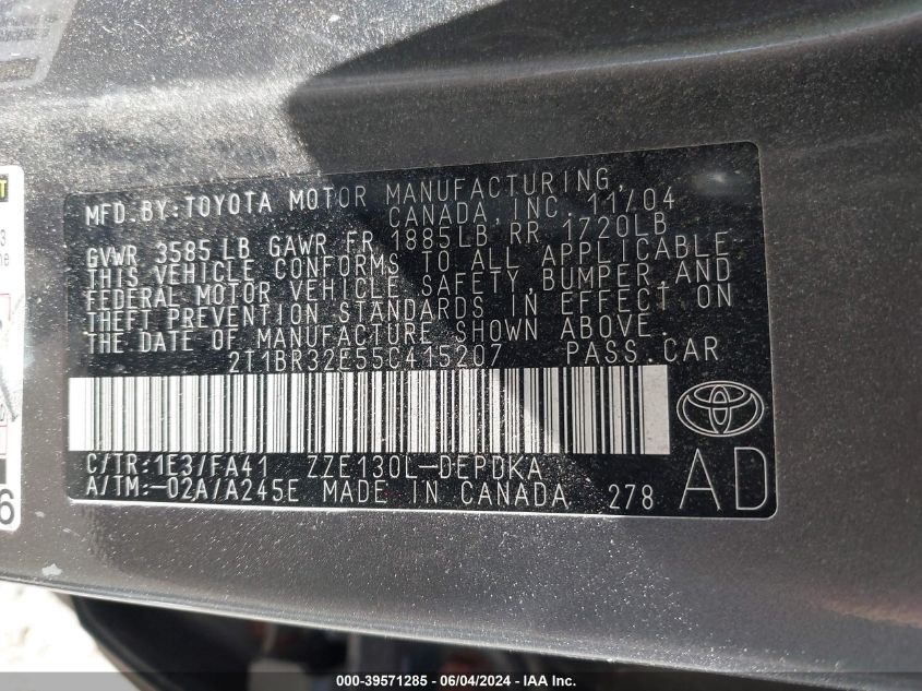 2005 Toyota Corolla Ce VIN: 2T1BR32E55C415207 Lot: 39571285