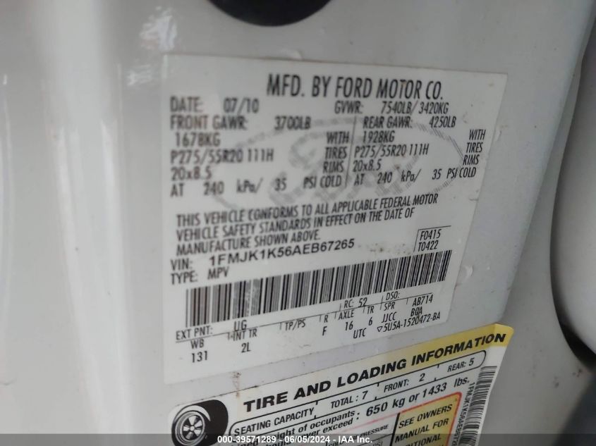 2010 Ford Expedition El Limited VIN: 1FMJK1K56AEB67265 Lot: 39571289