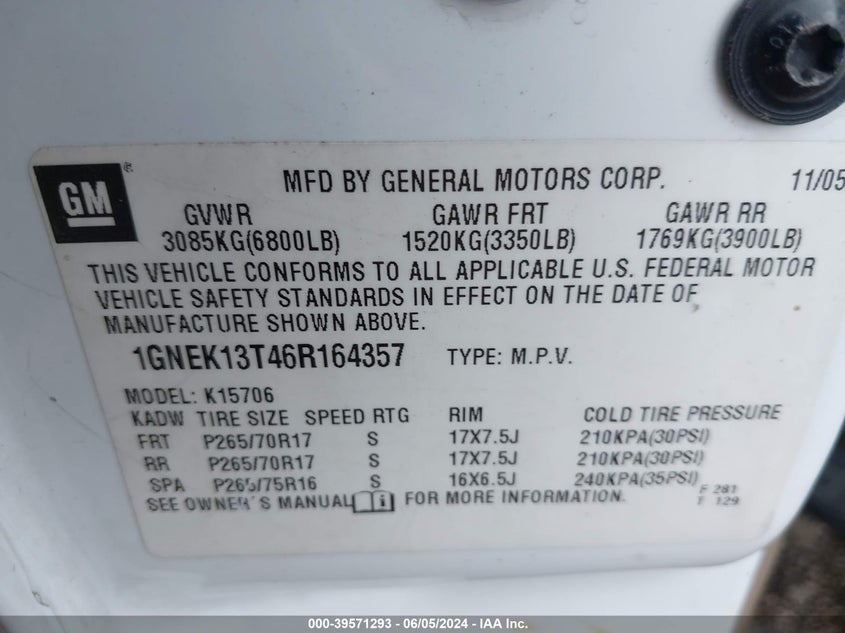 2006 Chevrolet Tahoe Z71 VIN: 1GNEK13T46R164357 Lot: 39571293