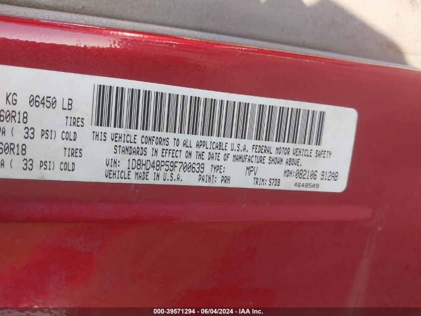 2009 Dodge Durango Slt VIN: 1D8HD48P59F700639 Lot: 39571294