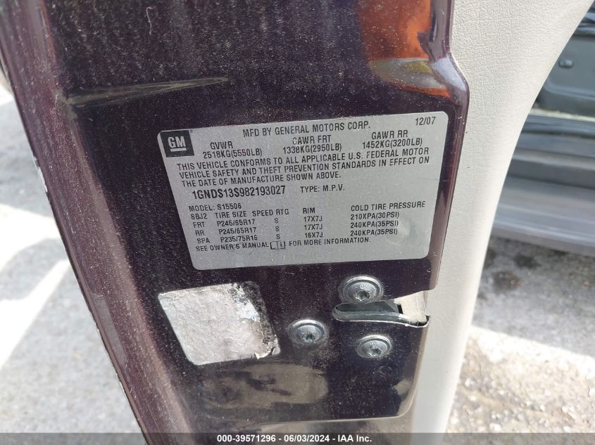 2008 Chevrolet Trailblazer Lt VIN: 1GNDS13S982193027 Lot: 39571296