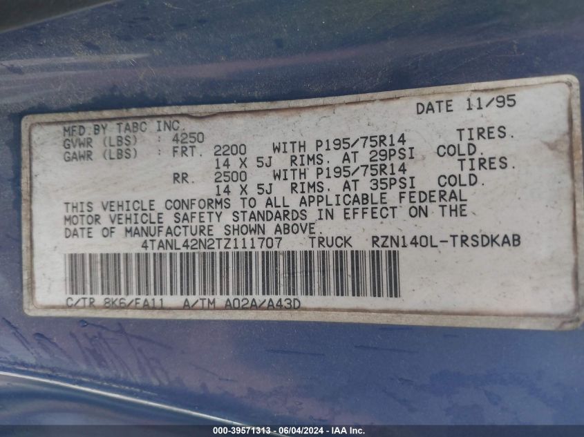 1996 Toyota Tacoma VIN: 4TANL42N2TZ111707 Lot: 39571313