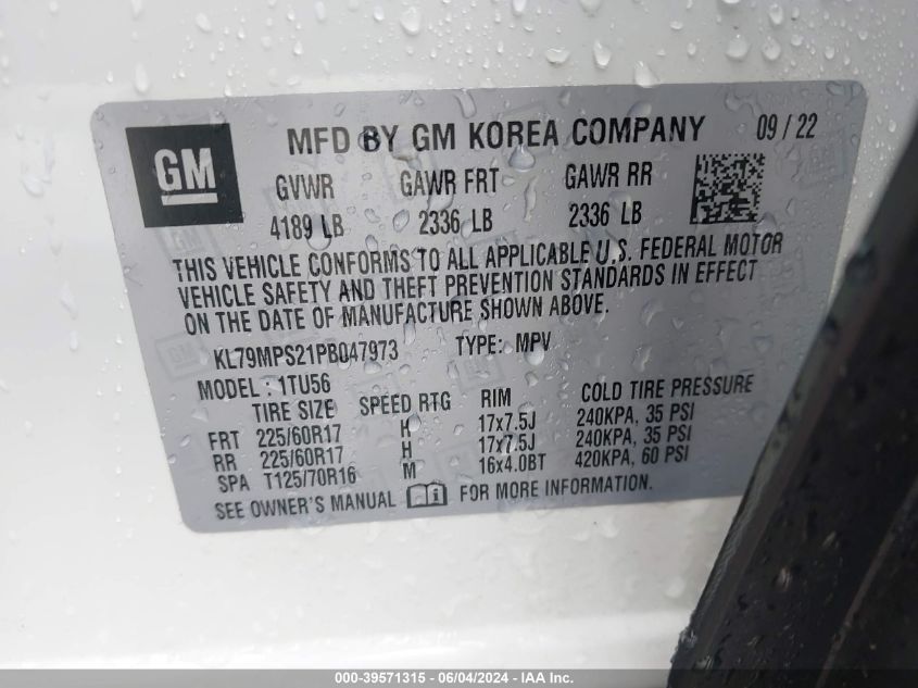 2023 Chevrolet Trailblazer Fwd Lt VIN: KL79MPS21PB047973 Lot: 39571315