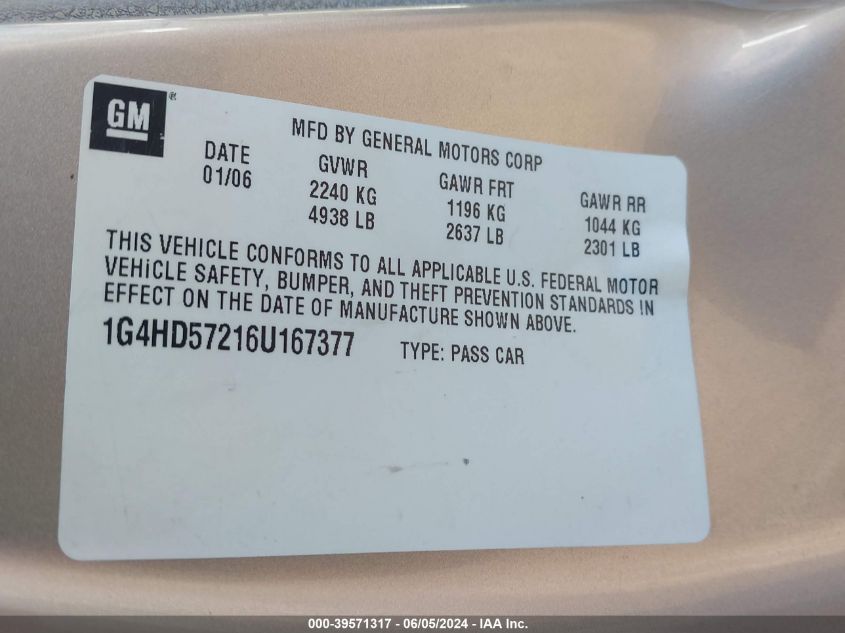 2006 Buick Lucerne Cxl VIN: 1G4HD57216U167377 Lot: 39571317