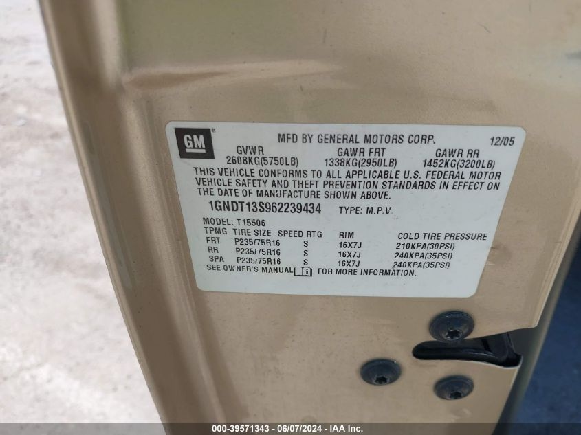 2006 Chevrolet Trailblazer Ls VIN: 1GNDT13S962239434 Lot: 39571343