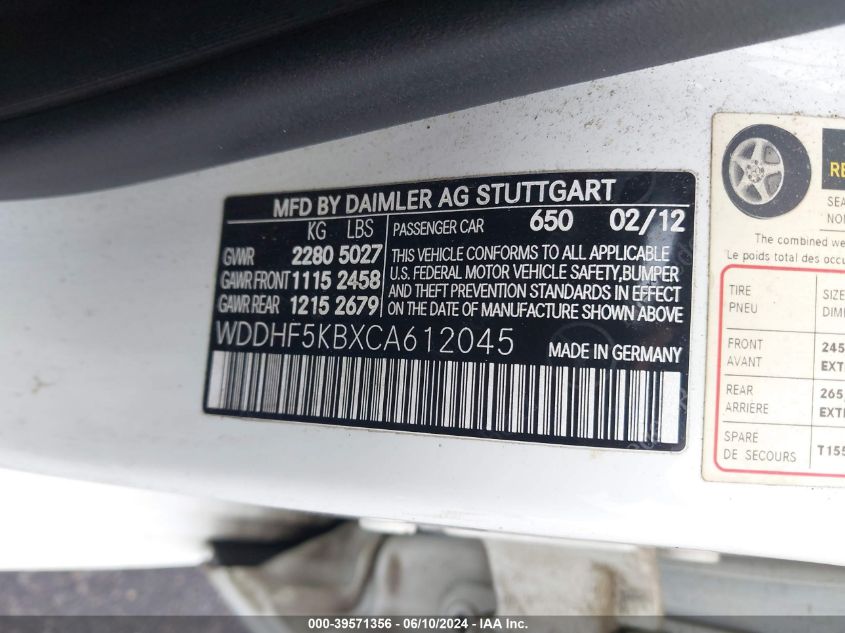 2012 Mercedes-Benz E 350 VIN: WDDHF5KBXCA612045 Lot: 39571356