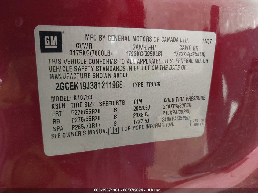 2008 Chevrolet Silverado 1500 Lt2 VIN: 2GCEK19J381211968 Lot: 39571361