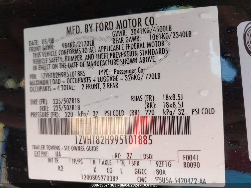 2009 Ford Mustang Gt/Gt Premium VIN: 1ZVHT82H995101885 Lot: 39571363