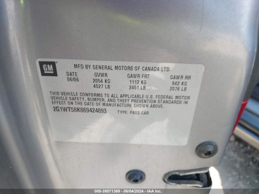 2006 Chevrolet Impala Lt VIN: 2G1WT58K869424893 Lot: 39571369