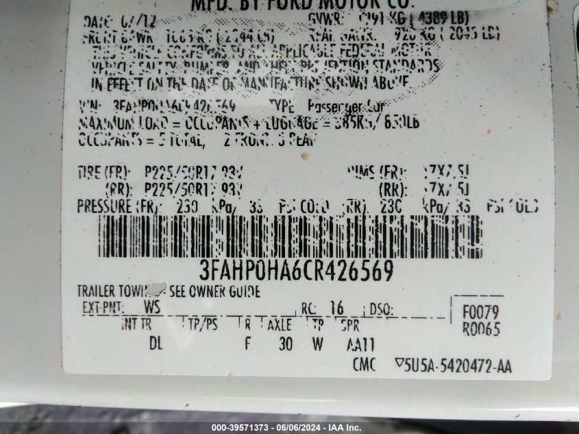 2012 Ford Fusion Se VIN: 3FAHP0HA6CR426569 Lot: 39571373