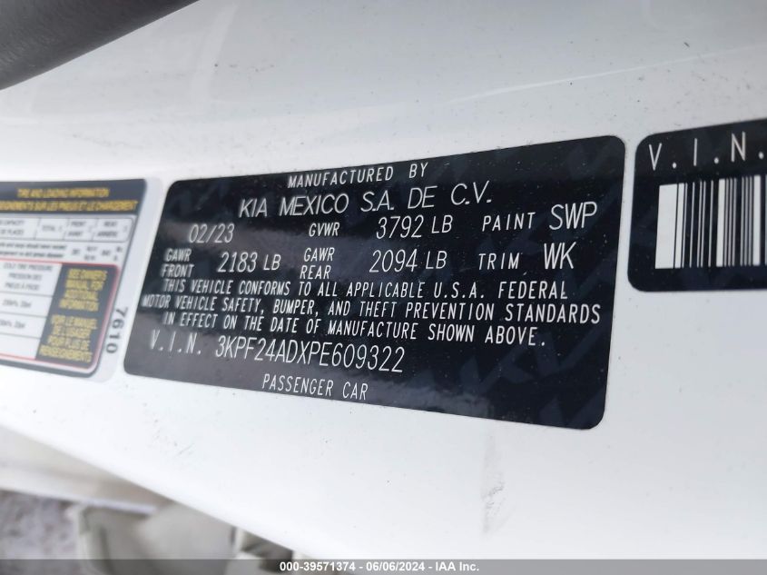 2023 Kia Forte Lxs VIN: 3KPF24ADXPE609322 Lot: 39571374