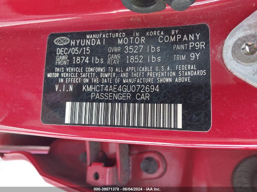 2016 Hyundai Accent Se VIN: KMHCT4AE4GU072694 Lot: 39571378