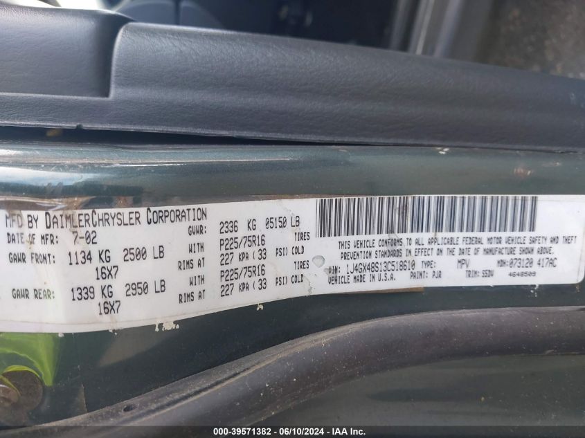 2003 Jeep Grand Cherokee Laredo VIN: 1J4GX48S13C518610 Lot: 39571382