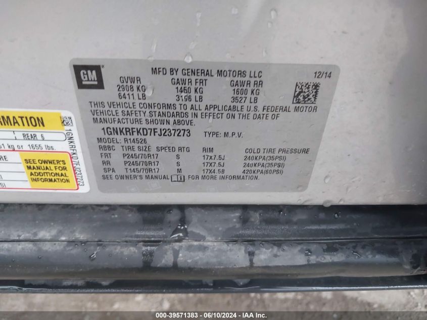 2015 Chevrolet Traverse Ls VIN: 1GNKRFKD7FJ237273 Lot: 39571383