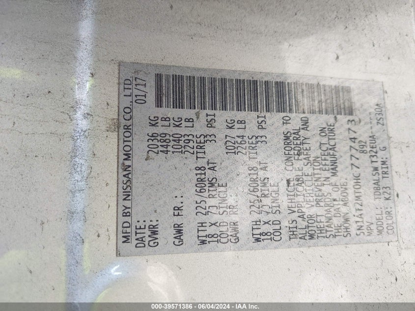 2017 Nissan Rogue Sl VIN: 5N1AT2MT0HC777473 Lot: 39571386