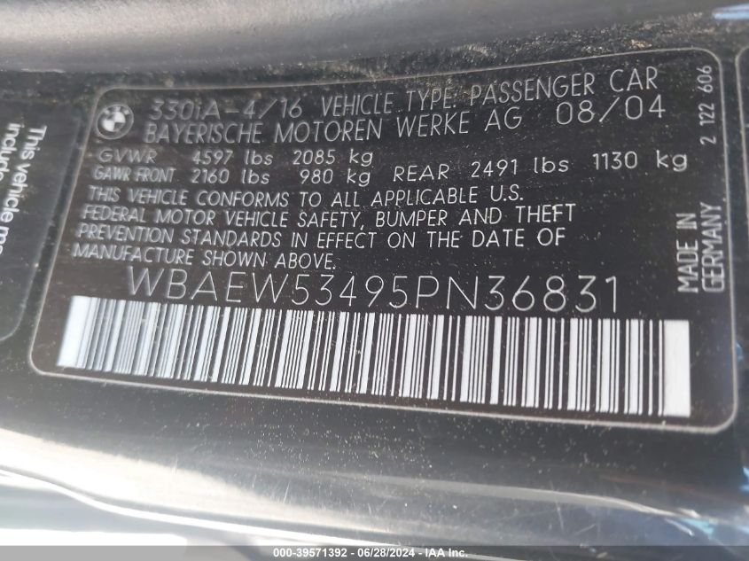 2005 BMW 330Xi VIN: WBAEW53495PN36831 Lot: 39571392