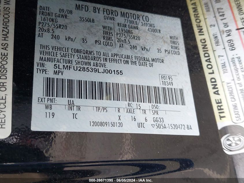 2009 Lincoln Navigator VIN: 5LMFU28539LJ00155 Lot: 39571395