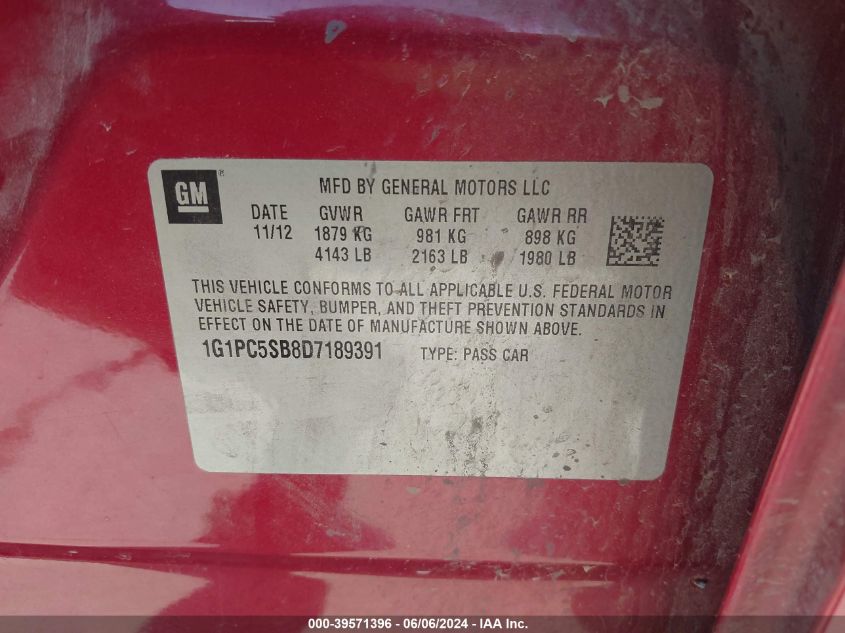 2013 Chevrolet Cruze 1Lt Auto VIN: 1G1PC5SB8D7189391 Lot: 39571396