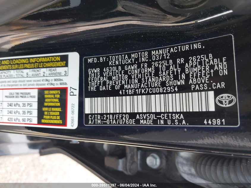 2012 Toyota Camry Se VIN: 4T1BF1FK7CU082954 Lot: 39571397