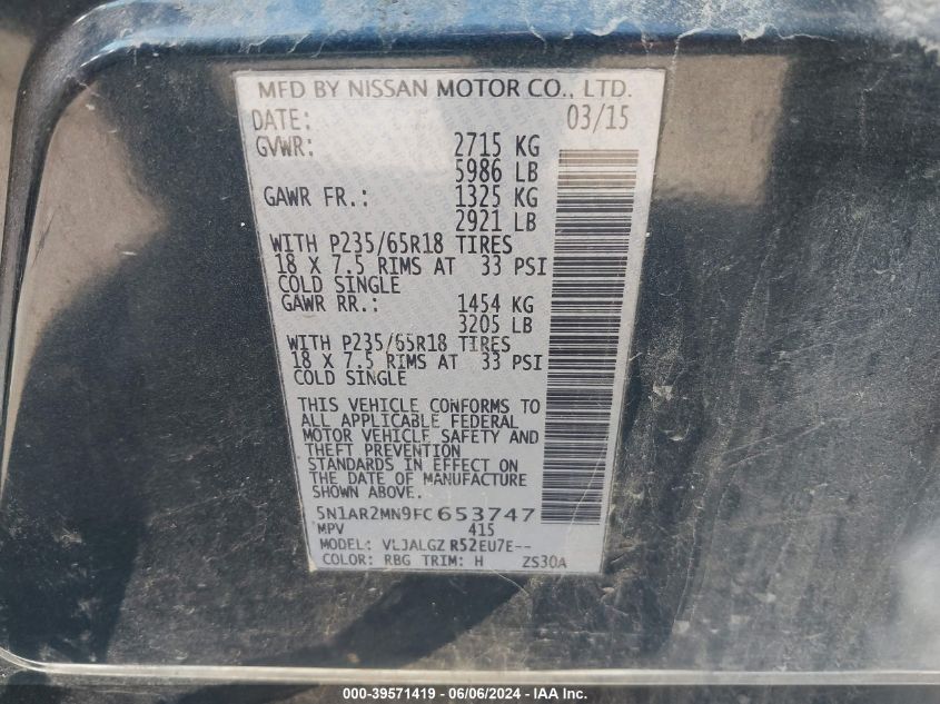 2015 Nissan Pathfinder Sl VIN: 5N1AR2MN9FC653747 Lot: 39571419