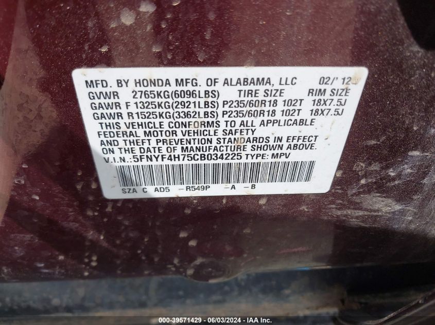 2012 Honda Pilot Ex-L VIN: 5FNYF4H75CB034225 Lot: 39571429