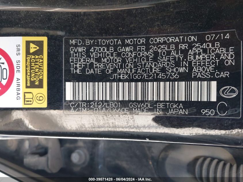 2014 Lexus Es 350 VIN: JTHBK1GG7E2145736 Lot: 39571428