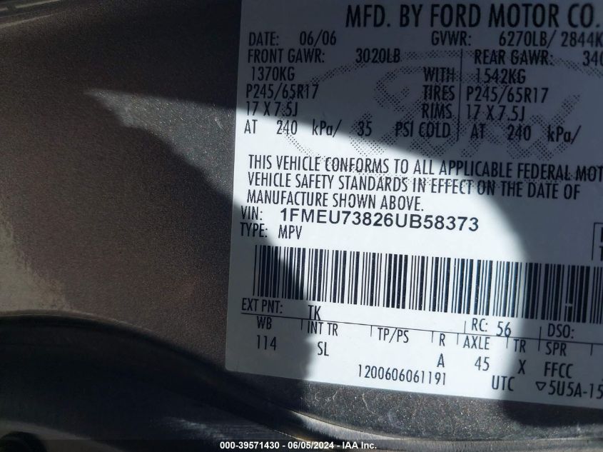 2006 Ford Explorer Xlt VIN: 1FMEU73826UB58373 Lot: 39571430