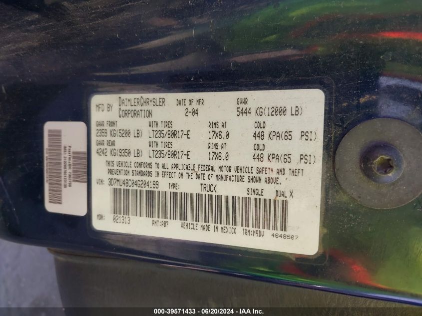 2004 Dodge Ram 3500 Slt/Laramie VIN: 3D7MU48C04G204199 Lot: 39571433