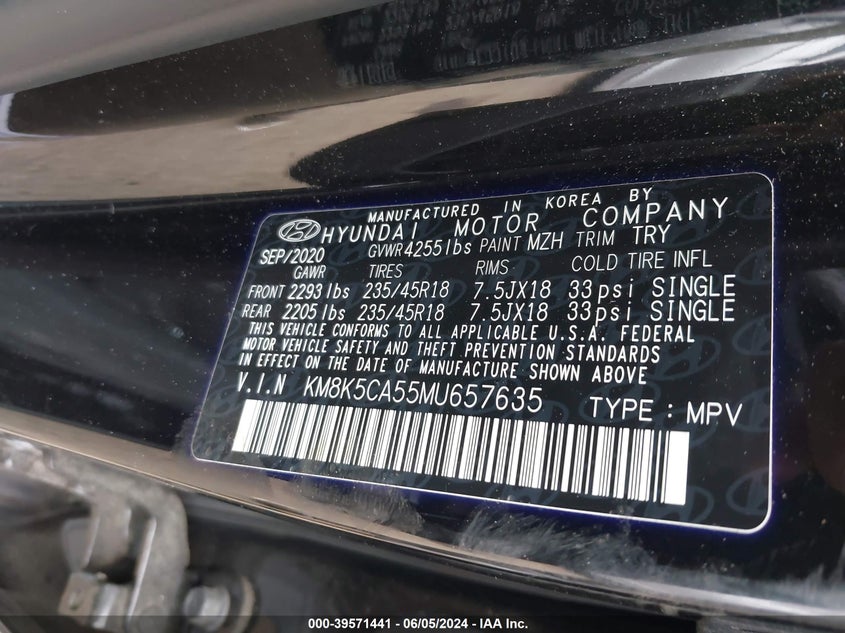VIN KM8K5CA55MU657635 2021 HYUNDAI KONA ULTIMATE