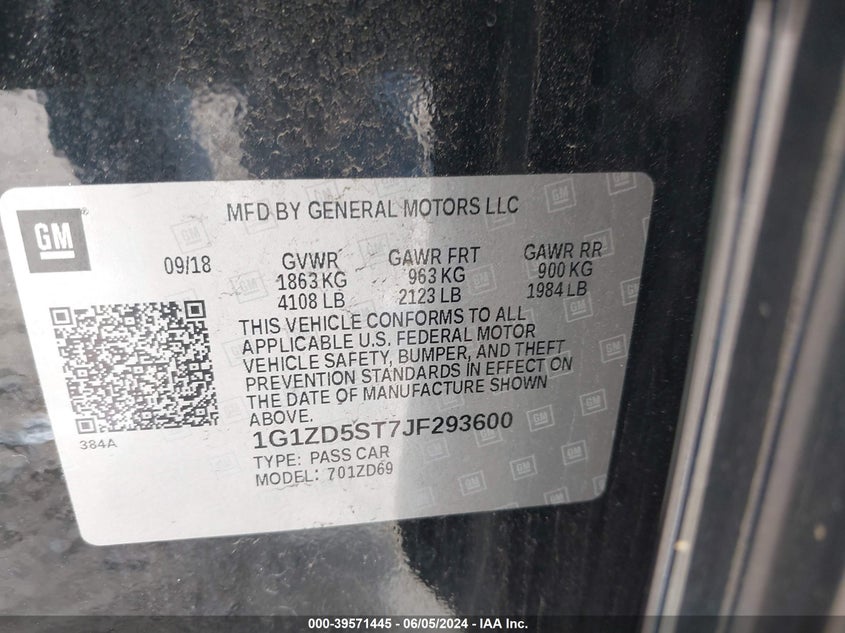 2018 Chevrolet Malibu Lt VIN: 1G1ZD5ST7JF293600 Lot: 39571445
