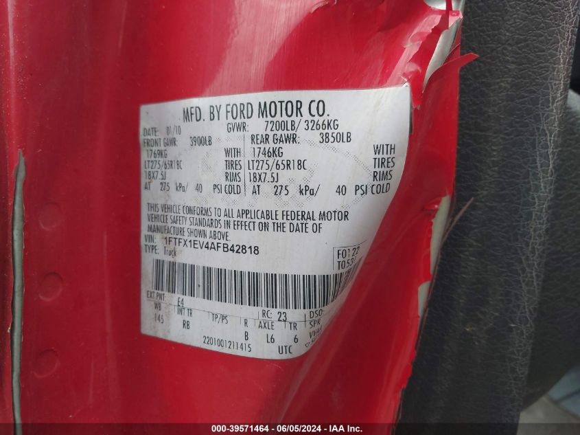 2010 Ford F-150 Fx4/Lariat/Xl/Xlt VIN: 1FTFX1EV4AFB42818 Lot: 39571464