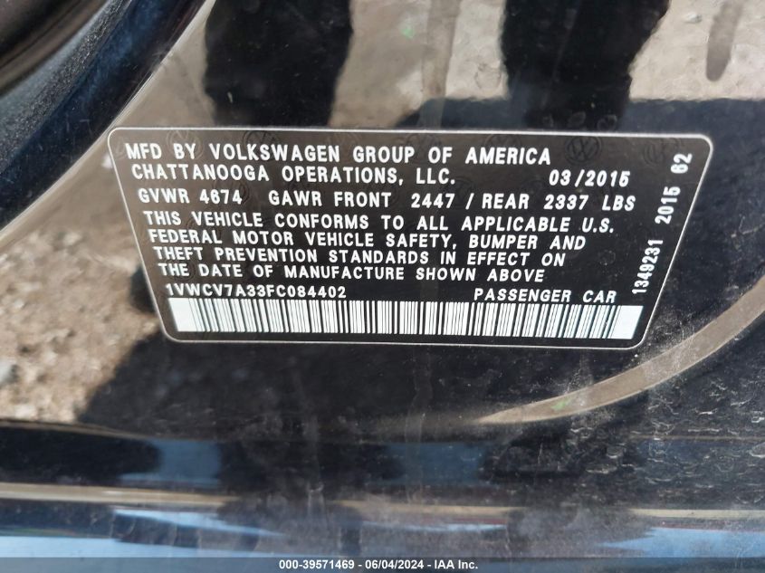 2015 Volkswagen Passat 2.0L Tdi Sel Premium VIN: 1VWCV7A33FC084402 Lot: 39571469