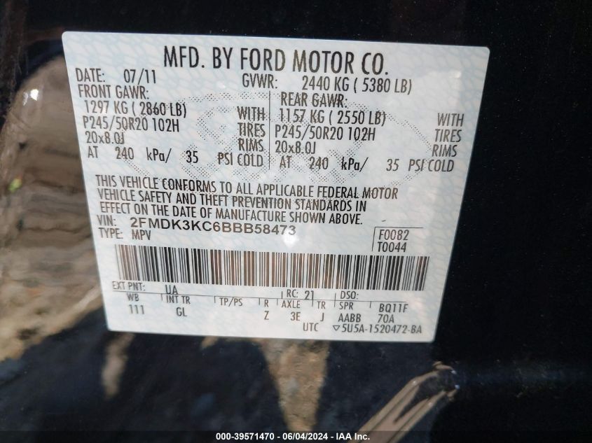 2011 Ford Edge Limited VIN: 2FMDK3KC6BBB58473 Lot: 39571470