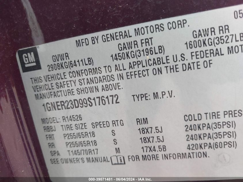 2009 Chevrolet Traverse Lt VIN: 1GNER23D99S176172 Lot: 39571481