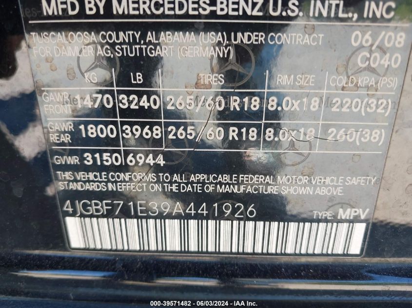 2009 Mercedes-Benz Gl 450 4Matic VIN: 4JGBF71E39A441926 Lot: 39571482