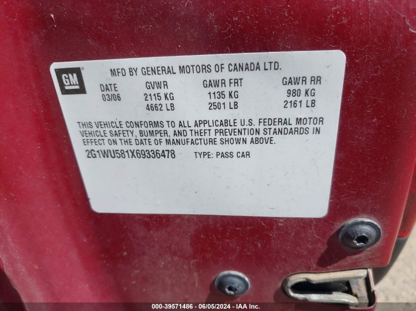 2006 Chevrolet Impala Ltz VIN: 2G1WU581X69336478 Lot: 39571486