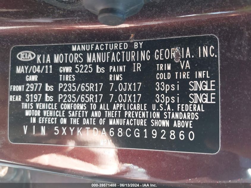2012 Kia Sorento Lx VIN: 5XYKTDA68CG192860 Lot: 39571488