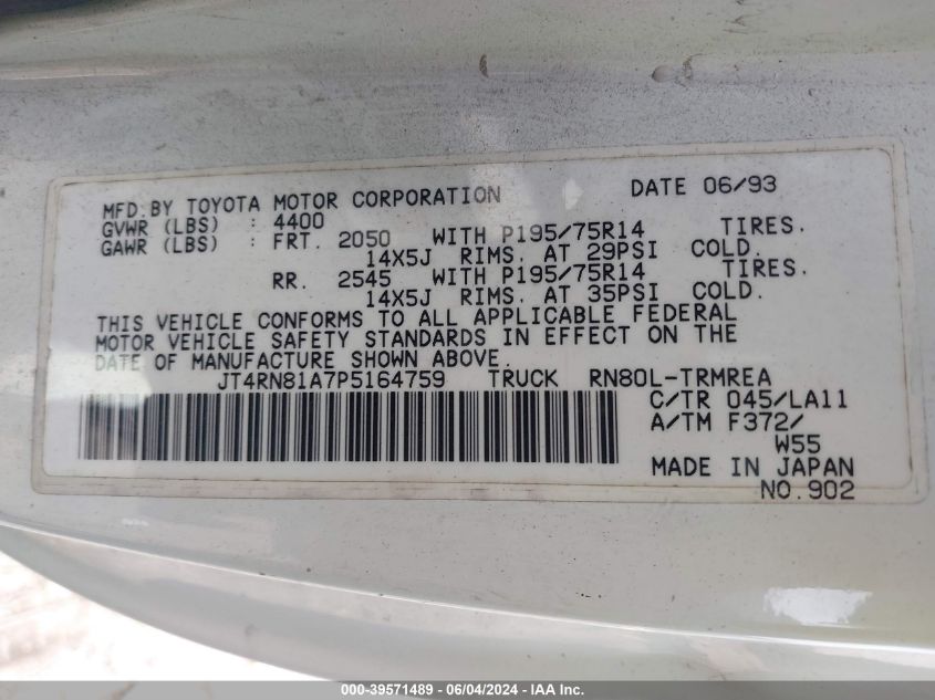 1993 Toyota Pickup 1/2 Ton Short Wheelbase VIN: JT4RN81A7P5164759 Lot: 39571489