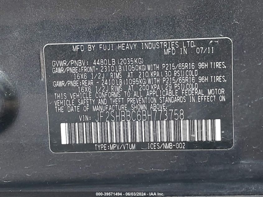 2011 Subaru Forester 2.5X VIN: JF2SHBBC6BH773758 Lot: 39571494