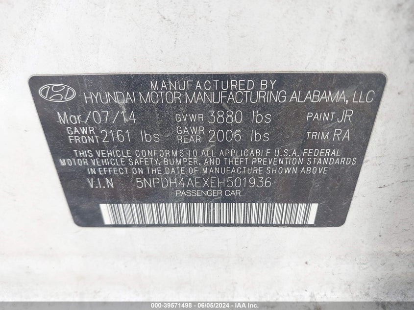 2014 Hyundai Elantra Se VIN: 5NPDH4AEXEH501936 Lot: 39571498
