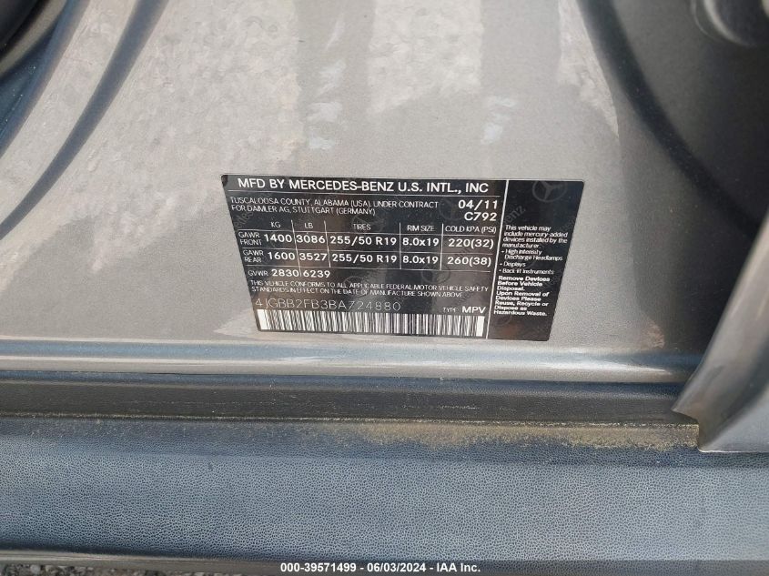 2011 Mercedes-Benz Ml 350 Bluetec 4Matic VIN: 4JGBB2FB3BA724880 Lot: 39571499