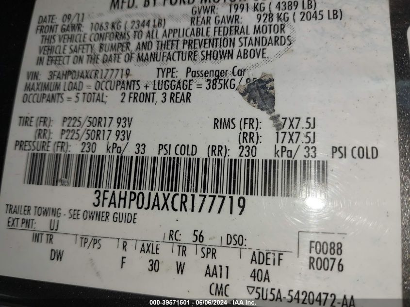 2012 Ford Fusion Sel VIN: 3FAHP0JAXCR177719 Lot: 39571501