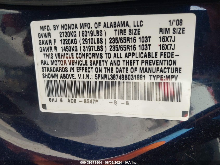 2008 Honda Odyssey Ex-L VIN: 5FNRL38748B031881 Lot: 39571504